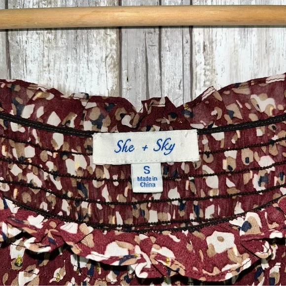 She & Sky Wine Printed Smocked Cropped Blouse - Picture 5 of 5